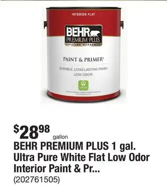 The Home Depot BEHR PREMIUM PLUS 1 gal. Ultra Pure White Flat Low Odor Interior Paint & Primer offer