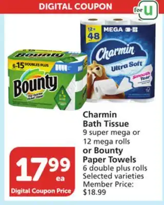 Albertsons Charmin Bath Tissue 9 super mega or 12 mega rolls or Bounty Paper Towels 6 double plus rolls offer