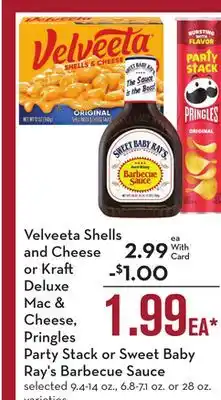 Mariano's Velveeta Shells and Cheese or Kraft Deluxe Mac & Cheese, Pringles Party Stack or Sweet Baby Ray's Barbecue Sauce offer