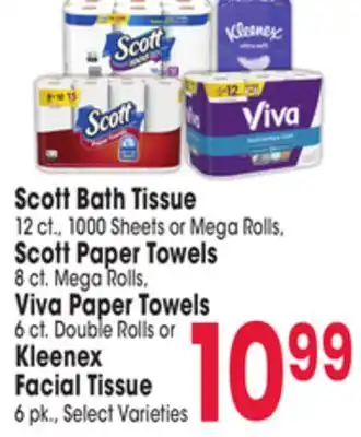 Jewel-Osco Scott Bath Tissue 12 ct., 1000 Sheets or Mega Rolls, Scott Paper Towels 8 ct. Mega Rolls, Viva Paper Towels 6 ct. Double Roll offer