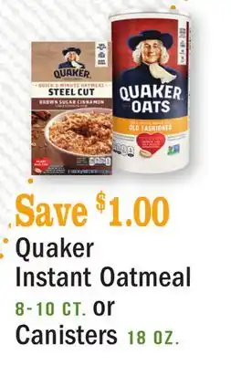 Heinen's Quaker Instant Oatmeal 8-10 ct. or Canisters 18 oz offer
