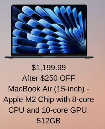 Costco MacBook Air (15-inch) - Apple M2 Chip with 8-core CPU and 10-core GPU, 512GB offer