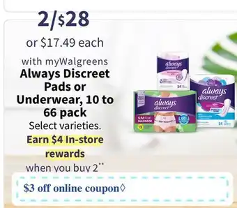 Walgreens Always Discreet Underwear, 10 to Pads or 66 pack offer