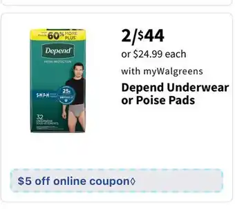 Walgreens Depend Underwear or Poise Pads offer