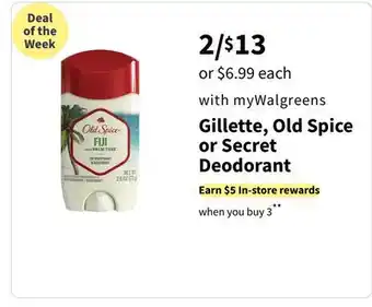 Walgreens Gillette, Old Spice or Secret Deodorant offer