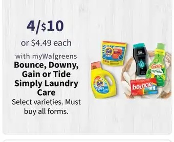 Walgreens Bounce, Downy, Gain or Tide Simply Laundry Care offer