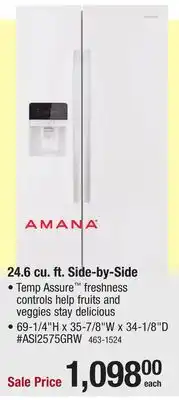 Menards Amana 24.6 cu. ft. White Side-by-Side Refrigerator offer