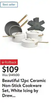 Walmart Beautiful 12pc Ceramic Non-Stick Cookware Set, White Icing by Drew Barrymore offer