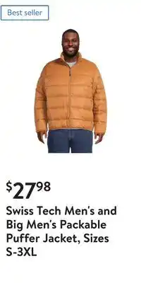 Walmart Swiss Tech Men's and Big Men's Packable Puffer Jacket, Sizes S-3XL offer