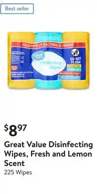 Walmart Great Value Disinfecting Wipes, Fresh and Lemon Scent offer
