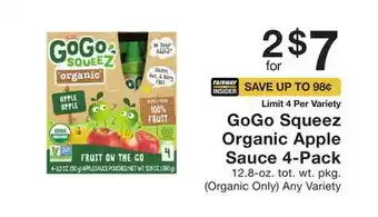 Fairway Store Market GoGo Squeez Organic Apple Sauce 4-Pack offer