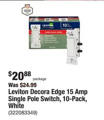 The Home Depot Leviton Decora Edge 15 Amp Single Pole Switch, 10-Pack, White offer