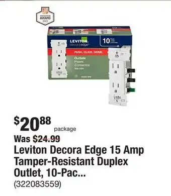 The Home Depot Leviton Decora Edge 15 Amp Tamper-Resistant Duplex Outlet, 10-Pack, White offer