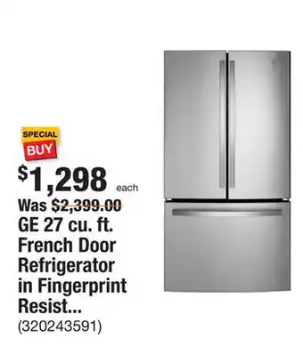The Home Depot GE 27 cu. ft. French Door Refrigerator in Fingerprint Resistant Stainless with Internal Dispenser, ENERGY STAR offer