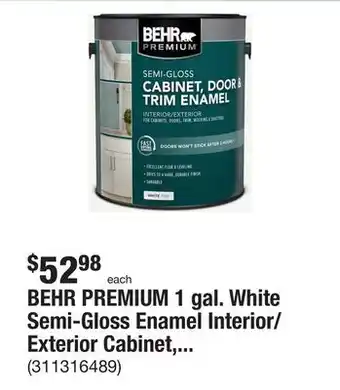 The Home Depot BEHR PREMIUM 1 gal. White Semi-Gloss Enamel Interior/Exterior Cabinet, Door & Trim Paint offer