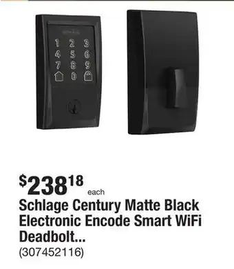 The Home Depot Schlage Century Matte Black Electronic Encode Smart WiFi Deadbolt with Alarm offer