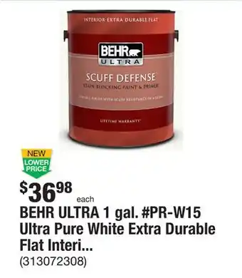 The Home Depot BEHR ULTRA 1 gal. #PR-W15 Ultra Pure White Extra Durable Flat Interior Paint & Primer offer