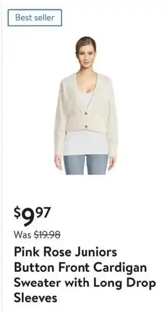 Walmart Pink Rose Juniors Button Front Cardigan Sweater with Long Drop Sleeves offer