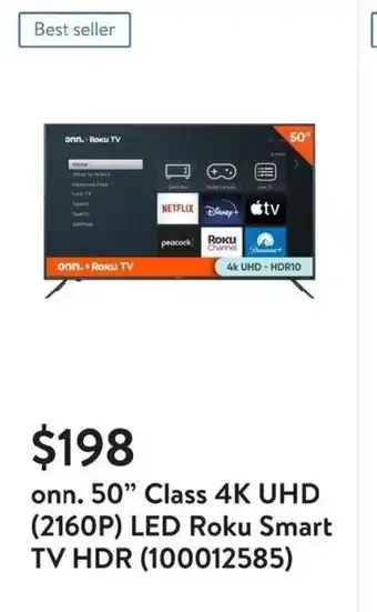 Walmart onn. 50" Class 4K UHD (2160P) LED Roku Smart TV HDR (100012585) offer