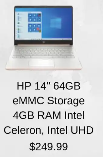 HP 14" 64GB eMMC Storage 4GB RAM Intel Celeron, Intel UHD