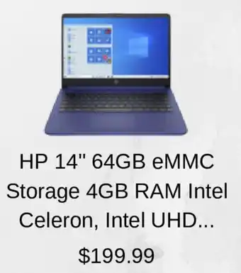 BrandsMart USA HP 14" 64GB eMMC Storage 4GB RAM Intel Celeron, Intel UHD... offer