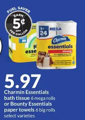 Hy-Vee Charmin Essentials bath tissue 6 mega rolls or Bounty Essentials paper towels 6 big rolls offer