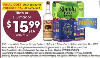 Ralphs Tito's or El Jimador offer