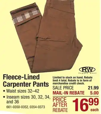 Menards RW Rugged Wear 32 x 30 Dark Brown Men's Fleece-Lined Carpenter Pants offer