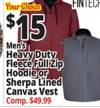 Ocean State Job Lot Men's Heavy Duty Fleece Full Zip Hoodie or Sherpa Lined Canvas Vest offer