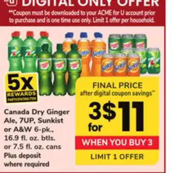 ACME Canada Dry Ginger Ale, 7UP, Sunkist or A & W offer