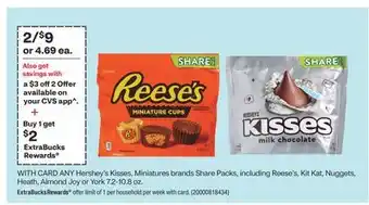 CVS ANY Hershey's Kisses, Miniatures brands Share Packs, including Reese's, Kit Kat, Nuggets, Heath, Almond Joy or York 7.2-10.8 offer