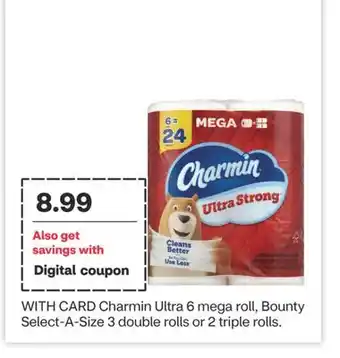 CVS Charmin Ultra 6 mega roll, Bounty Select-A-Size 3 double rolls or 2 triple rolls offer