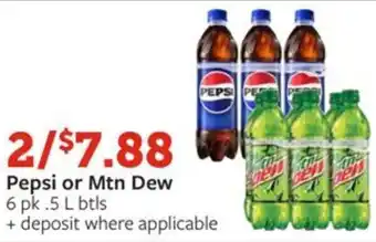 Fareway Pepsi or Mtn Dew 6 pk .5 L btls offer