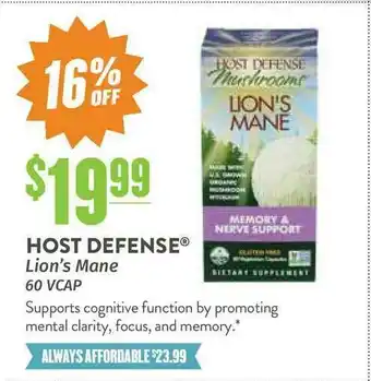 Natural Grocers Host Defense® Lion's Mane 60 VCAP offer