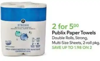 Publix Publix Paper Towels Double Rolls, Strong, Multi-Size Sheets, 2-roll pkg. 2 for offer