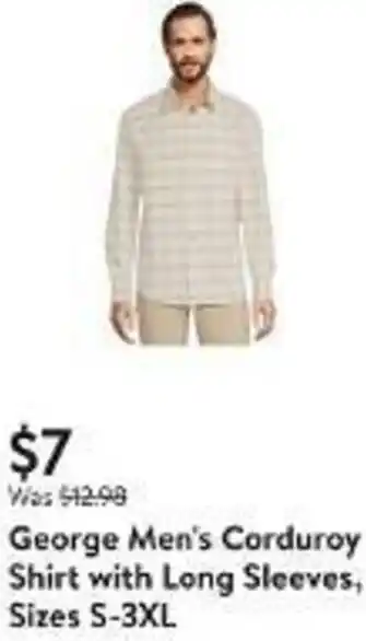 Walmart George Men's Corduroy Shirt with Long Sleeves, Sizes S-3XL offer