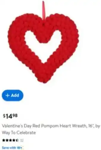 Walmart Valentine's Day Red Pompom Heart Wreath, 16", by Way To Celebrate offer