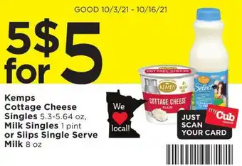 Cub Foods Kemps Cottage Cheese Singles, Milk Singles Or Siips Single Serve Milk offer