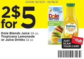 Cub Foods Dole Blends Juice 59 oz, Tropicana Lemonade Or Juice Drinks offer