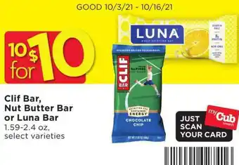 Cub Foods Clif Bar, Nut Butter Bar Or Luna Bar 1.59-2.4 oz offer