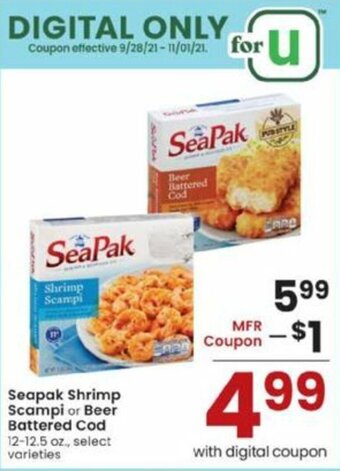 Albertsons Seapak Shrimp Scampi Or Beer Battered Cod offer