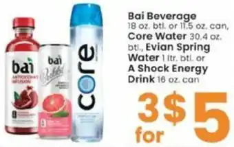 Albertsons Bai Beverage, Core Water, Evian Spring Water, A Shock Energy Drink offer