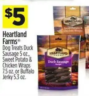 Dollar General Heartland Farms Dog Treats Duck Sausage 5 Oz Sweet Potato & Chicken Wraps Or Buffalo Jerky offer