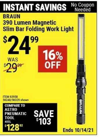 Harbor Freight Tools Braun 390 Lumen Magnetic Slim Bar Folding Work Light offer