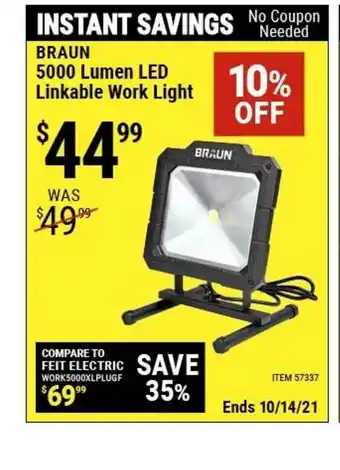 Harbor Freight Tools Braun 5000 Lumen Led Linkable Work Light offer