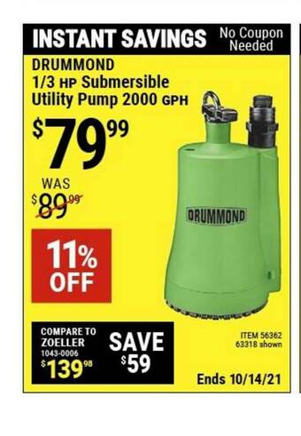 Harbor Freight Tools Drummond 1*3 Hp Submersible Utility Pump 2000 Gph offer