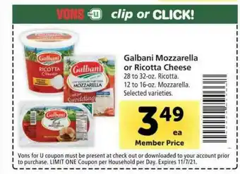 Vons Galbani Mozzarella Or Ricotta Cheese offer