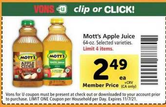 Vons Mott's Apple Juice offer
