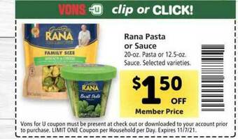 Vons Rana Pasta Or Sauce offer