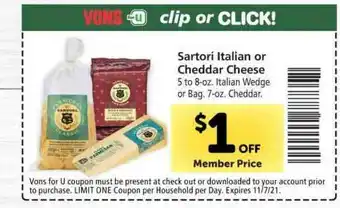 Vons Sartori Italian Or Cheddar Cheese Italian Wedge Or Bag offer
